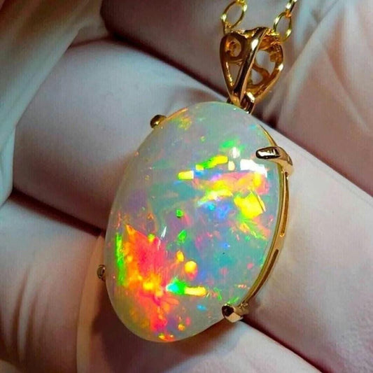 2 Ct Oval-Cut Natural Fire Opal Solitaire Pendant Necklace, 14K Yellow Gold Plated, 18" Chain, October Birthstone Jewelry, Best Gift Idea