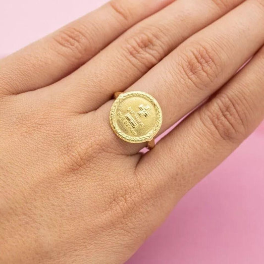 14K Yellow Gold Plated Vintage "Qu'hier que demain" Wedding Ring Love Token