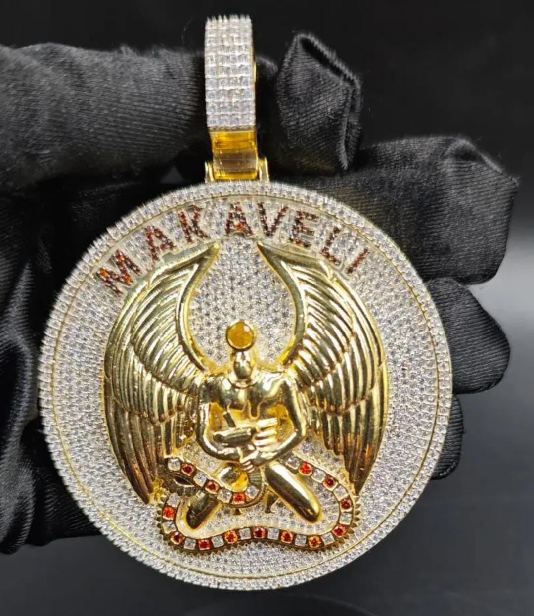 Men's MAKAVELI Pendant, 5Ct Round Cut Moissanite Custom Pendant 14K Two Tone Gold Plated Silver, 4 inches Diameter