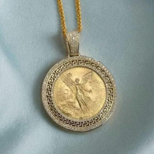 14K Yellow Gold Plated Moissanite Pendant - 1.60 Ct Round Cut - Sterling Silver 50 Pesos Centenario Charm - Ideal for All Occasions