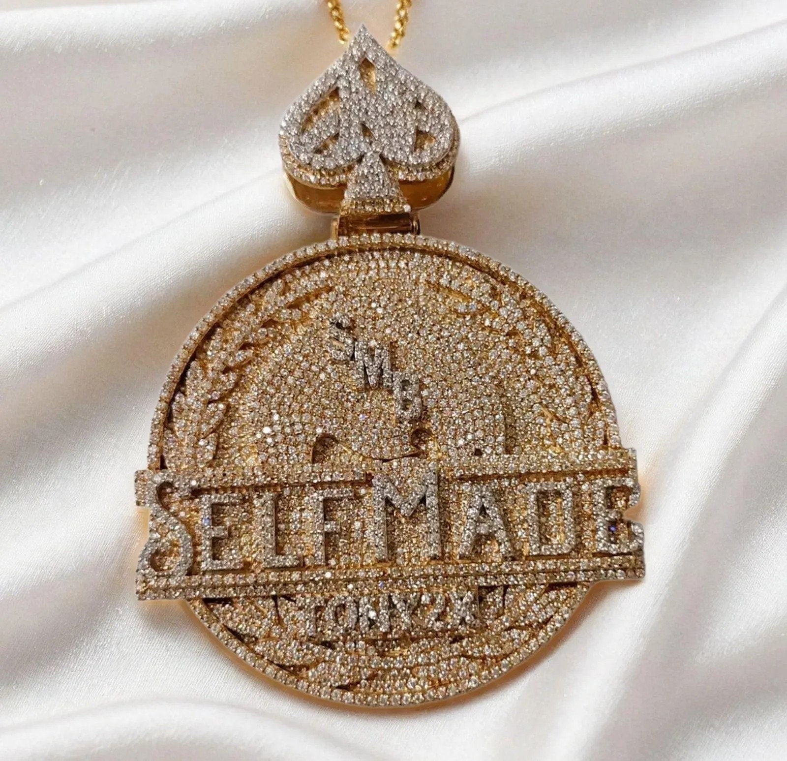 Hip Hop Style 3.13 inch "Selfmade" Letter Pendant | Real Moissanite Iced Out | 14K Yellow Gold Plated