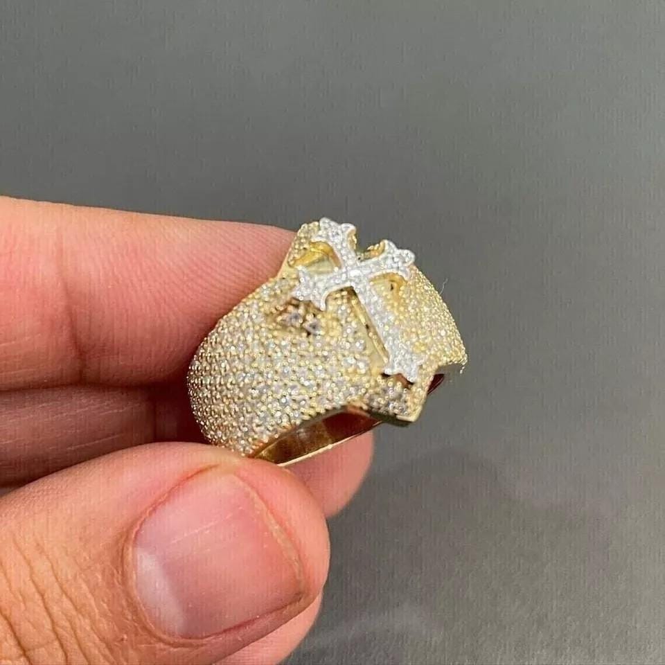 4Yellow Gold Finish Lab-Created Moissanite 3CtRound Men's Cross Engagement Ring