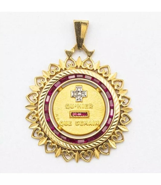 3Ct Lab Created Ruby Plus Qu’hier Que Demain Pendant 14K Yellow Gold Plated