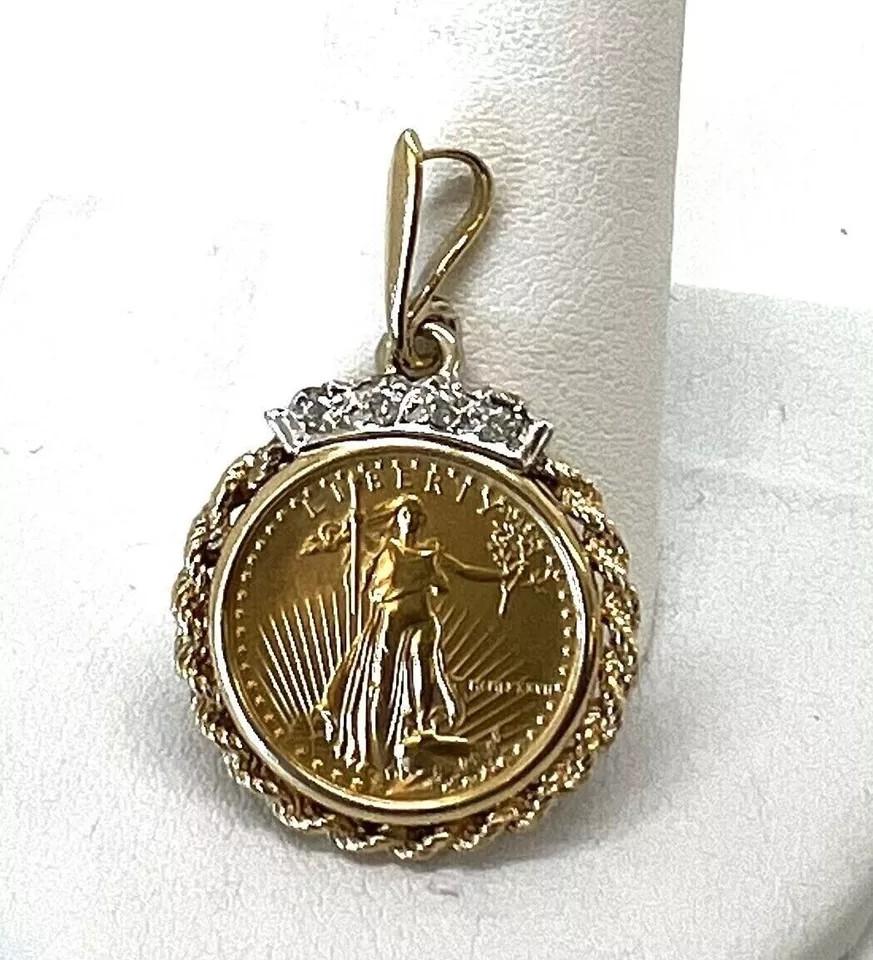 2Ct Round Cut Simulated Diamond Lady Liberty Coin Pendant 14K Yellow Gold Plated