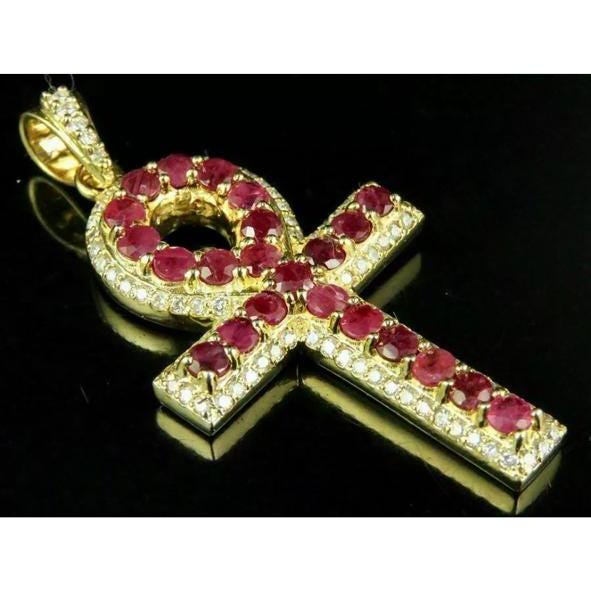 1.18 Ct Moissanite Ankh Cross Pendant Necklace, 14K Yellow Gold Over Sterling Silver, Faith Charm Jewelry, Christian Cross Necklace Gift