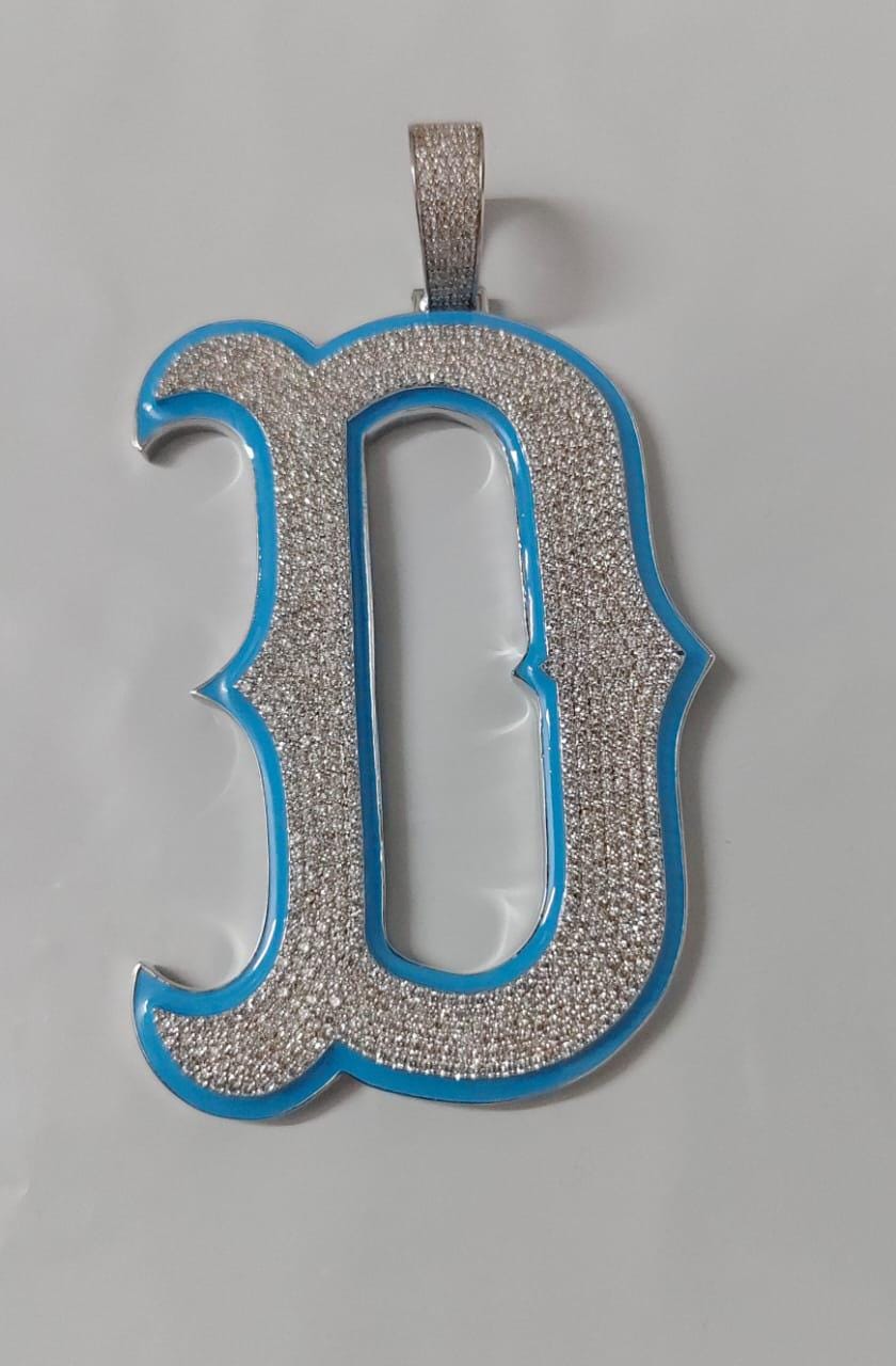 3Ct Real Moissanite Customisable Letter "D" Pendant Necklace in 14K Yellow Gold Plating, Silver 925, Height with Bale 2.5 inch, Blue Outline