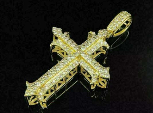 1.1 CT Real Moissanite Cross Pendant in 14K Yellow Gold Plated | Sparkling Religious Jewelry |14K Gold Finish | Perfect Gift for Men & Women