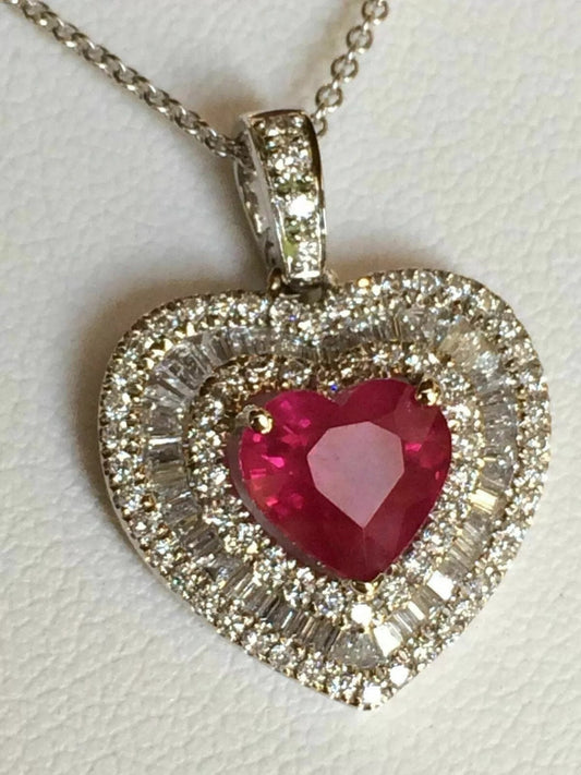 Customizable Ruby & Diamond Heart Necklace - 14K White Gold Plated, Sterling Silver, 18" Chain - Romantic Gift Idea