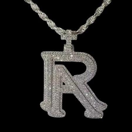 2.0 Ct Round Real Moissanite Men's _R_ Letter Pendant Real 925 Sterling Silver Ideal Birthday Gift No Chain