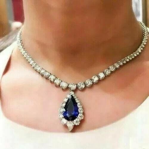 15ct Pear Lab-Created Blue Sapphire Charm Tennis Necklace 14k White Gold Plated