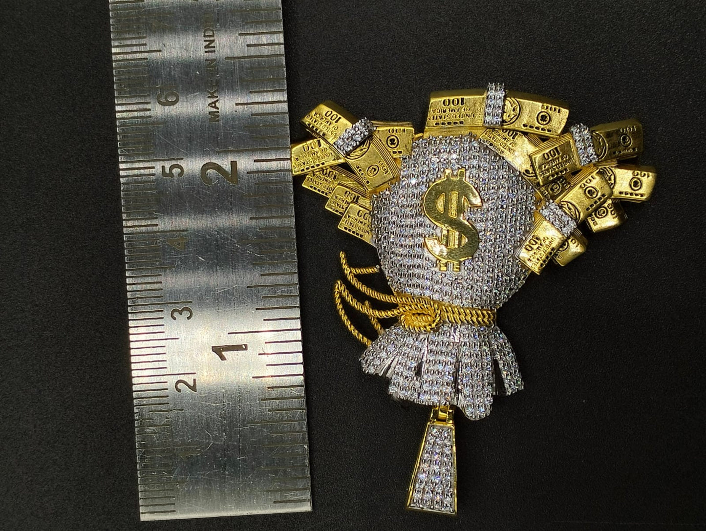 14k Yellow Gold Plated Dollar Bag Pendant Charm - Sterling Silver with Moissanite, Personalized Gift for Anniversary, Birthday, Christmas