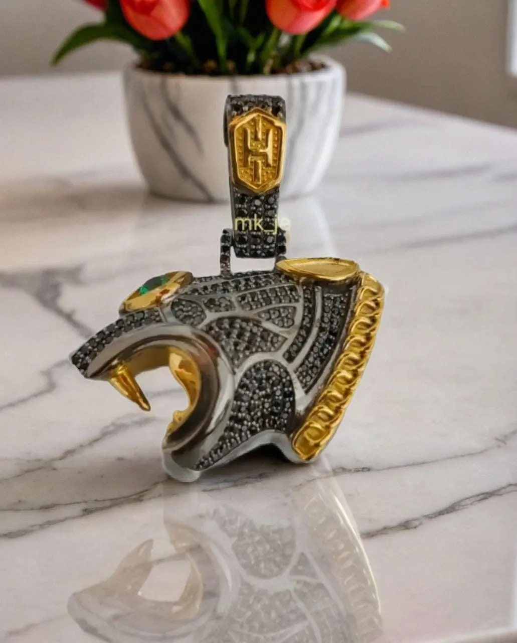 14K Gold Plated Silver Black Panther Head Pendant with 1.57Ct Moissanite