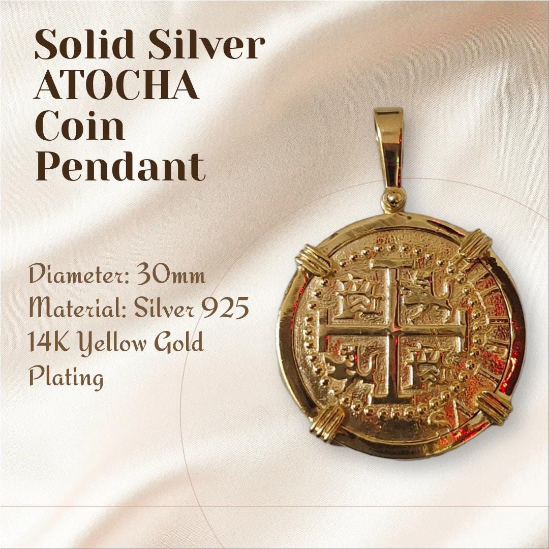 ATOCHA Solid Silver Coin Pendant | Authentic Treasure Jewelry | 952 Silver with yellow Gold Plating | Historical Replica | Nautical |