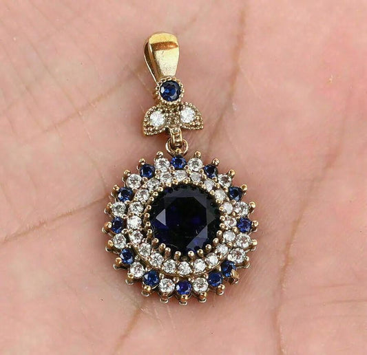 2CT Round Cut Blue Sapphire Women's Pendant With Chain 14K Yellow Gold Finish