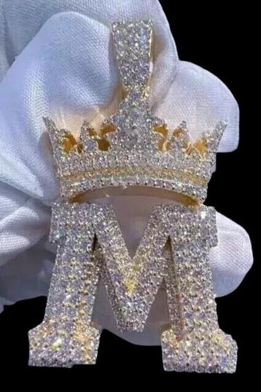 3.20 Ct Round Cut Moissanite Crown Any One Letter Pendant 14K Yellow Gold Plated Ideal Birthday Gift No Chain