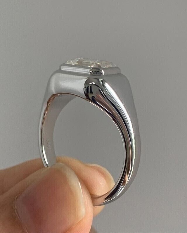 Emerald Cut Real Moissanite Solitaire Engagement Ring 14K & 3Ct,White Gold Plate