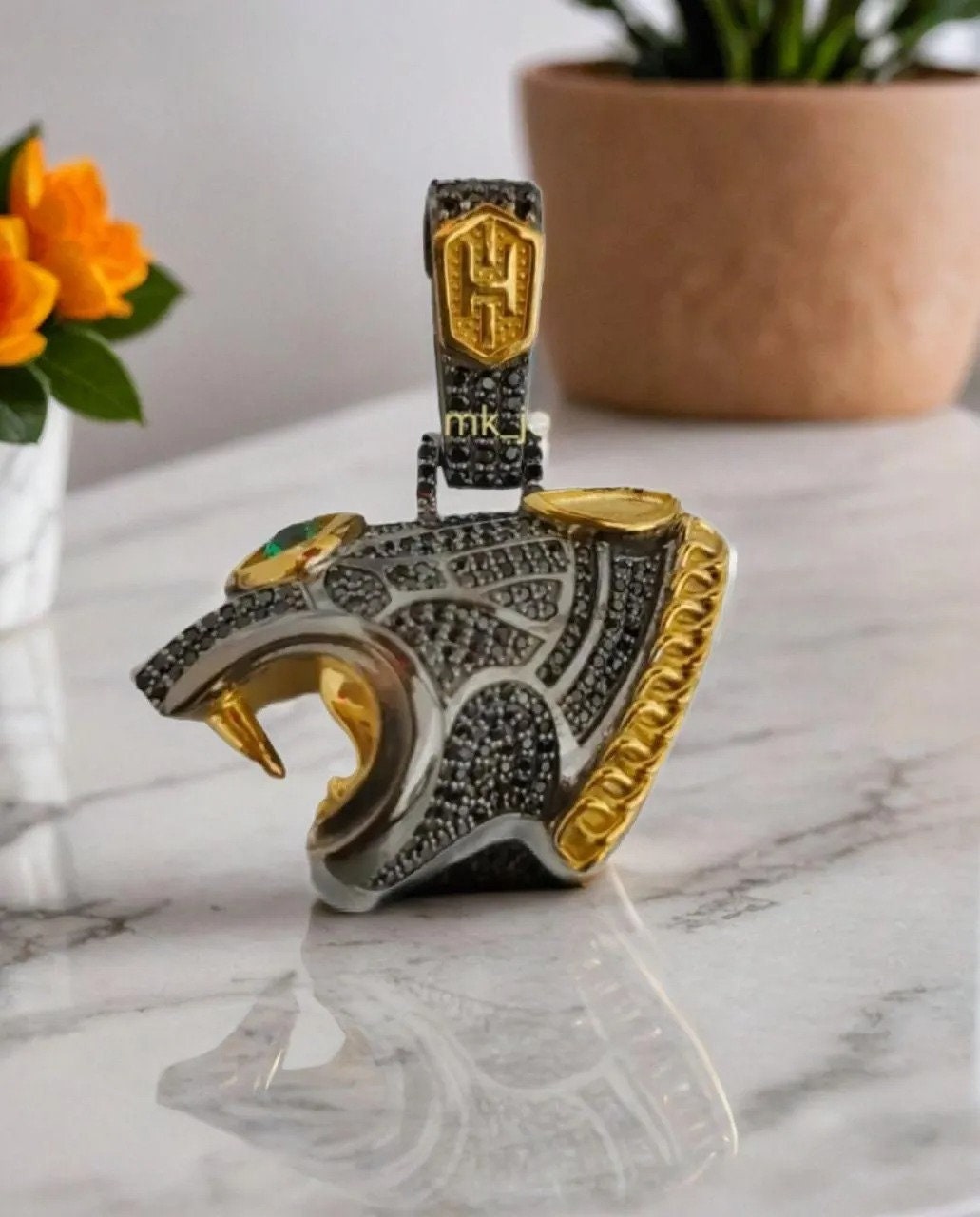 14K Gold Plated Silver Black Panther Head Pendant with 1.57Ct Moissanite