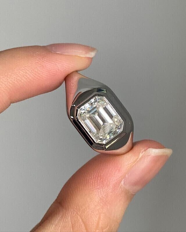 Emerald Cut Real Moissanite Solitaire Engagement Ring 14K & 3Ct,White Gold Plate