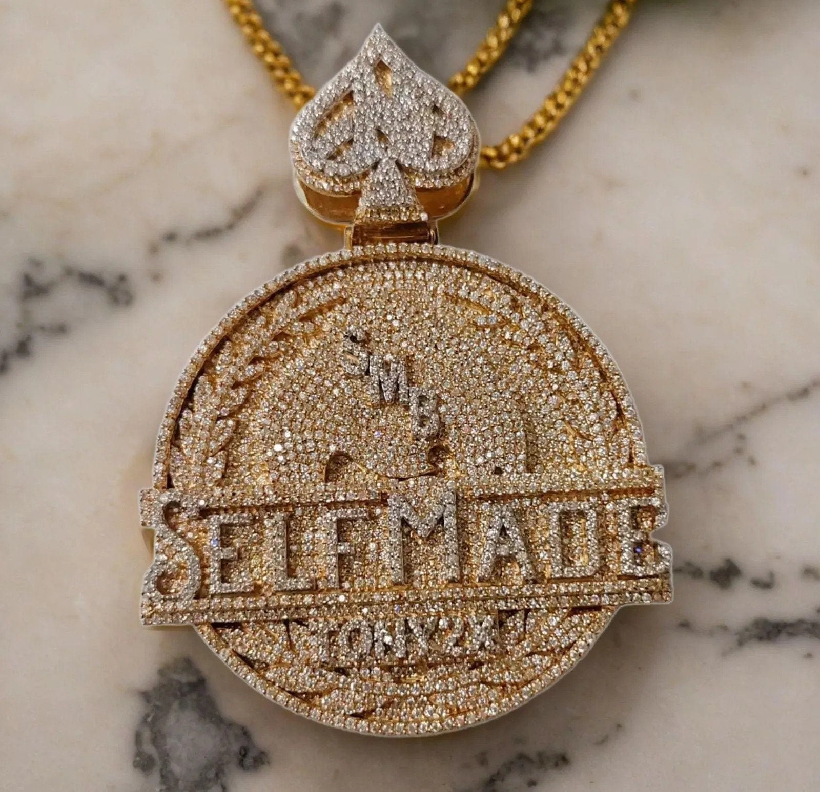 Hip Hop Style 3.13 inch "Selfmade" Letter Pendant | Real Moissanite Iced Out | 14K Yellow Gold Plated