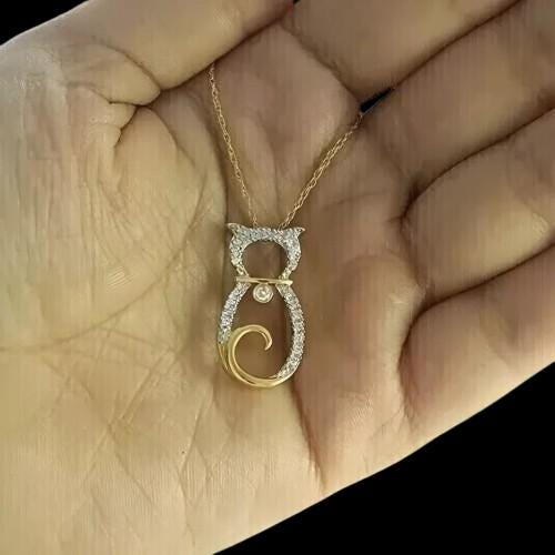 Lab-Created Diamond 2.0 Ct Round Cut 14K Yellow Gold Plated Women's Cat Pendant  Birthday Gifts Chain