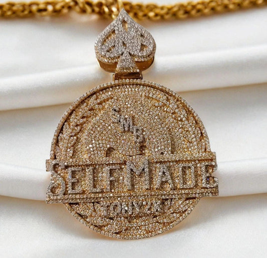 Hip Hop Style 3.13 inch "Selfmade" Letter Pendant | Real Moissanite Iced Out | 14K Yellow Gold Plated