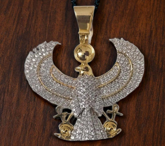Sterling Silver 925 Round Cut Moissanite Yellow Gold Plated Egyptian God Eagle Pendant Charm - 35mm