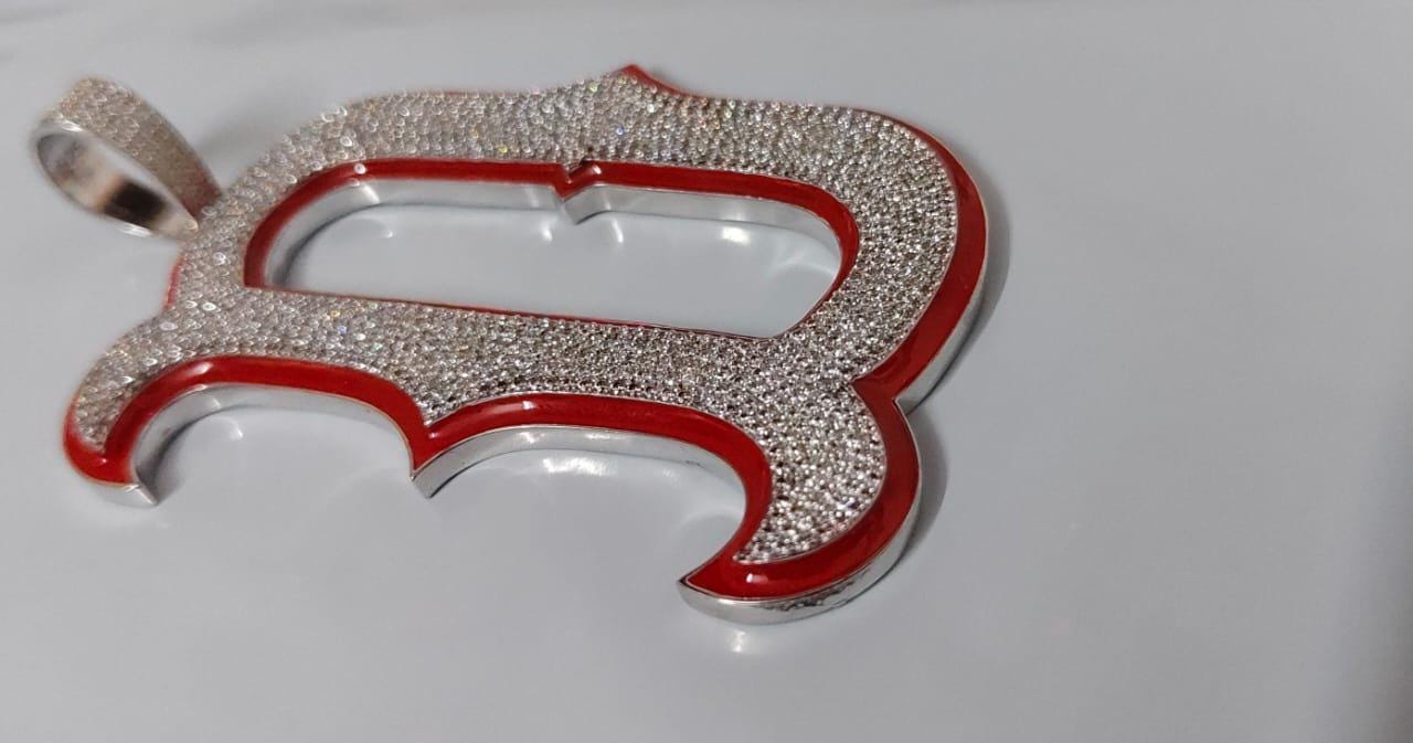 3Ct Real Moissanite Customisable Letter "D" Pendant Necklace in 14K Yellow Gold Plating, Silver 925, Height with Bale 2.5 inch, Red Outline