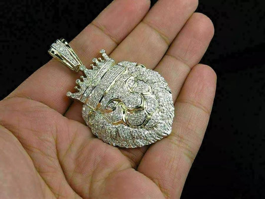 Men's 2.50CT Round Moissanite Lion Head Pendant, 14K Yellow Gold Finish, Luxury Charm, Statement Hip Hop Jewelry, Unique Gift for Him