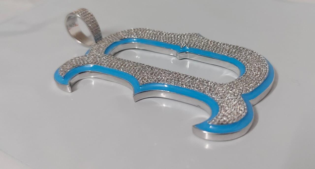 3Ct Real Moissanite Customisable Letter "D" Pendant Necklace in 14K Yellow Gold Plating, Silver 925, Height with Bale 2.5 inch, Blue Outline