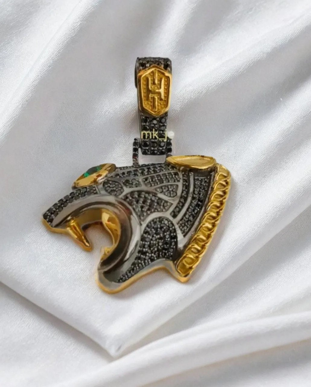 14K Gold Plated Silver Black Panther Head Pendant with 1.57Ct Moissanite