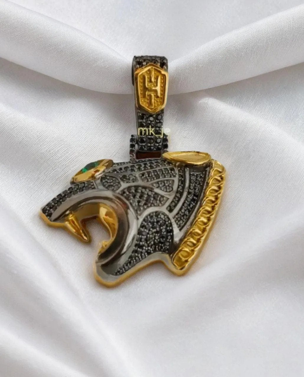 14K Gold Plated Silver Black Panther Head Pendant with 1.57Ct Moissanite