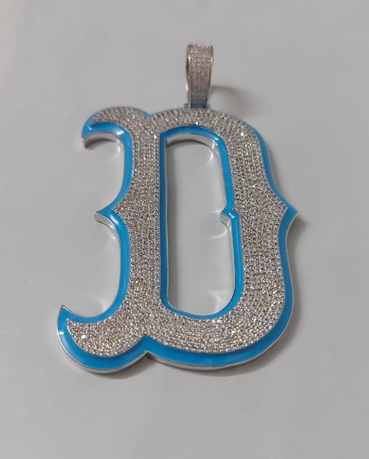 3Ct Real Moissanite Customisable Letter "D" Pendant Necklace in 14K Yellow Gold Plating, Silver 925, Height with Bale 2.5 inch, Blue Outline