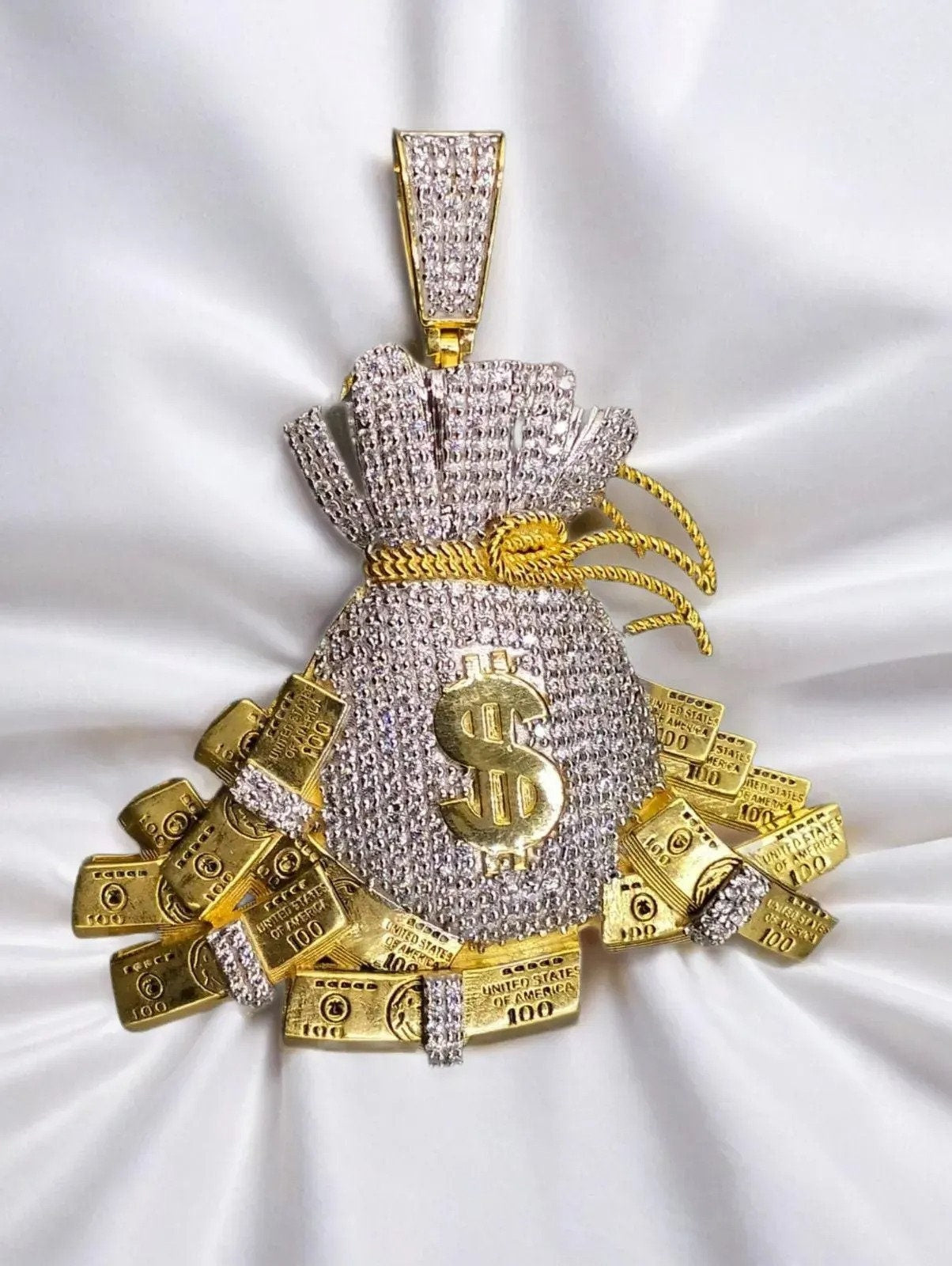 14k Yellow Gold Plated Dollar Bag Pendant Charm - Sterling Silver with Moissanite, Personalized Gift for Anniversary, Birthday, Christmas