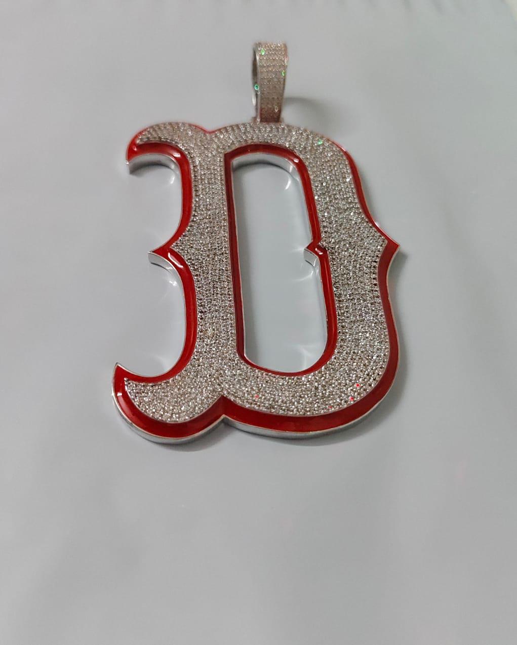 3Ct Real Moissanite Customisable Letter "D" Pendant Necklace in 14K Yellow Gold Plating, Silver 925, Height with Bale 2.5 inch, Red Outline