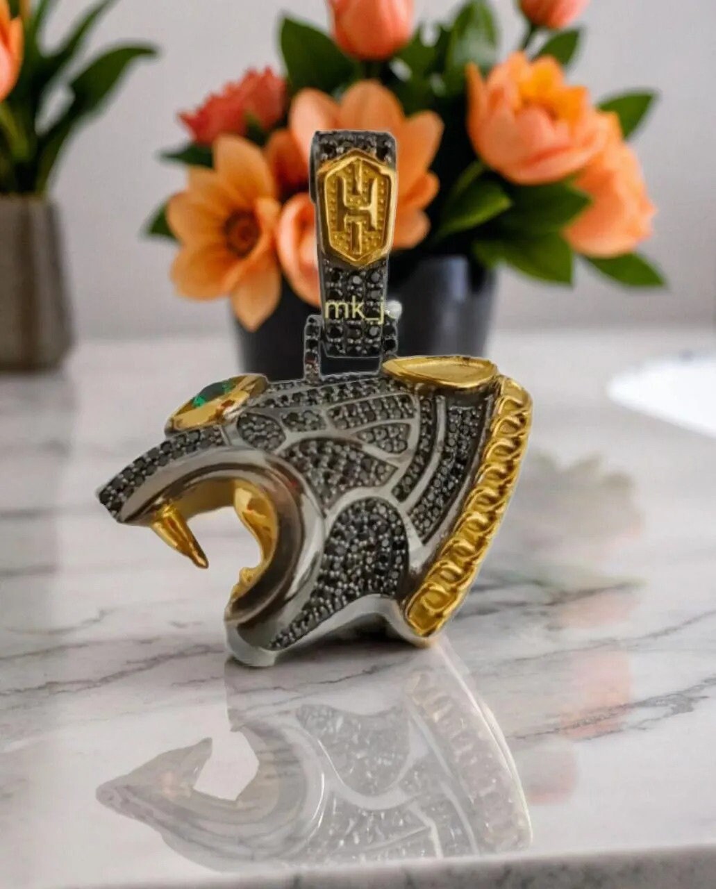 14K Gold Plated Silver Black Panther Head Pendant with 1.57Ct Moissanite