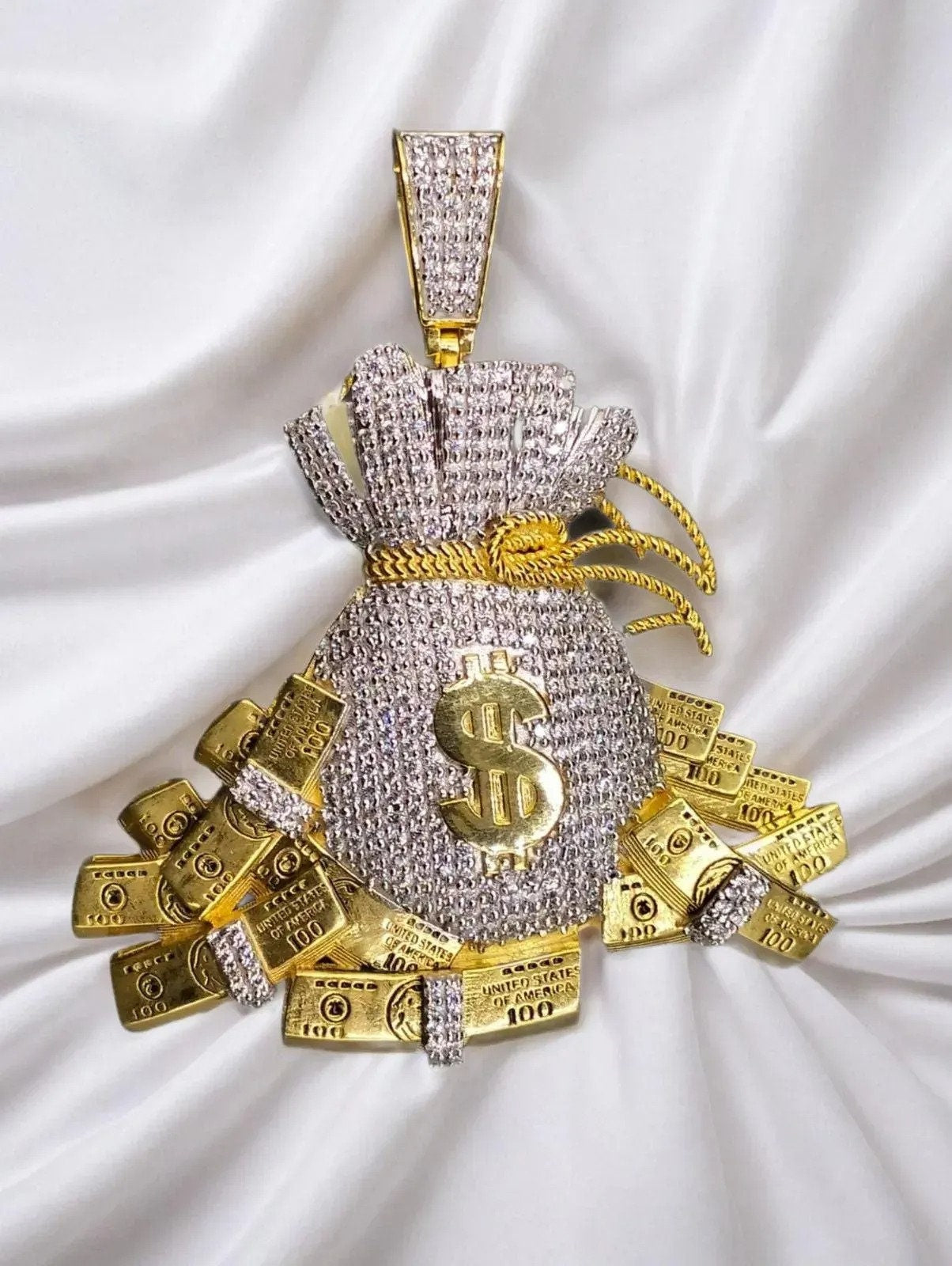 14k Yellow Gold Plated Dollar Bag Pendant Charm - Sterling Silver with Moissanite, Personalized Gift for Anniversary, Birthday, Christmas