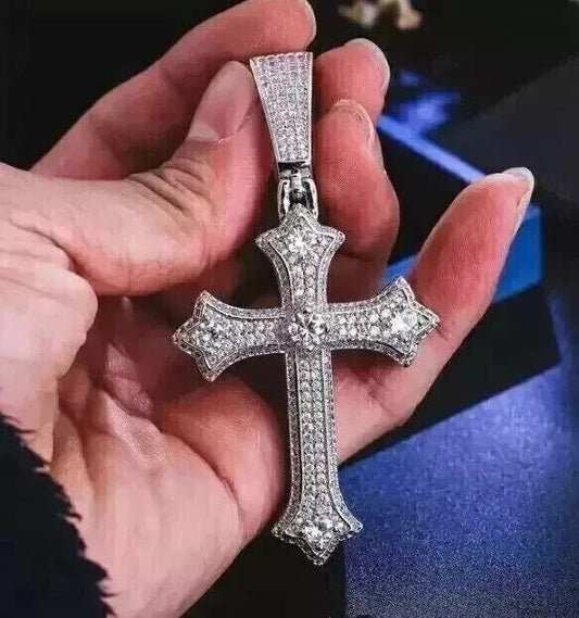 1.80Ct Round Cut Real Moissanite Cross Men's Charm Pendant 14K White Gold Plated