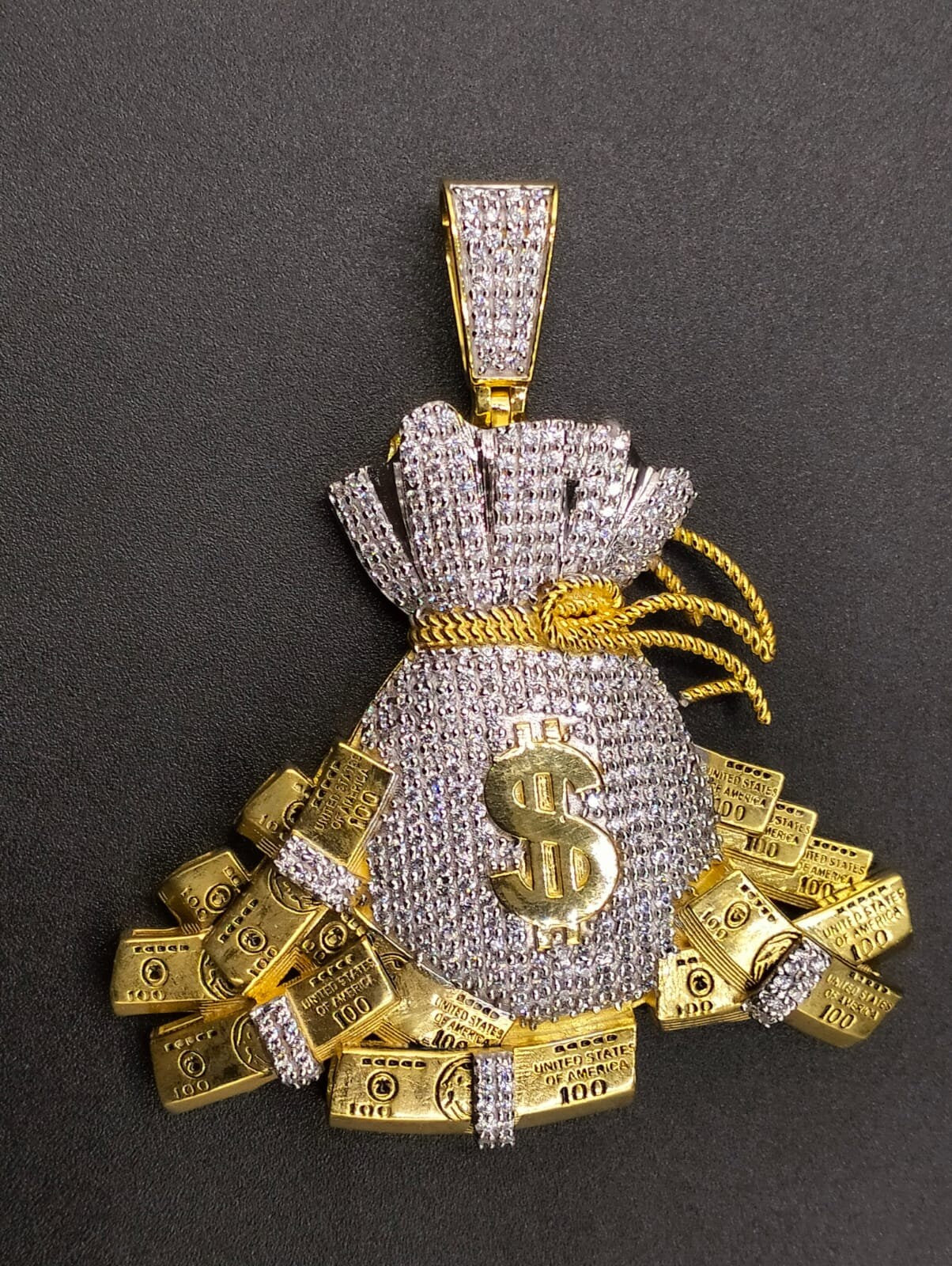 14k Yellow Gold Plated Dollar Bag Pendant Charm - Sterling Silver with Moissanite, Personalized Gift for Anniversary, Birthday, Christmas