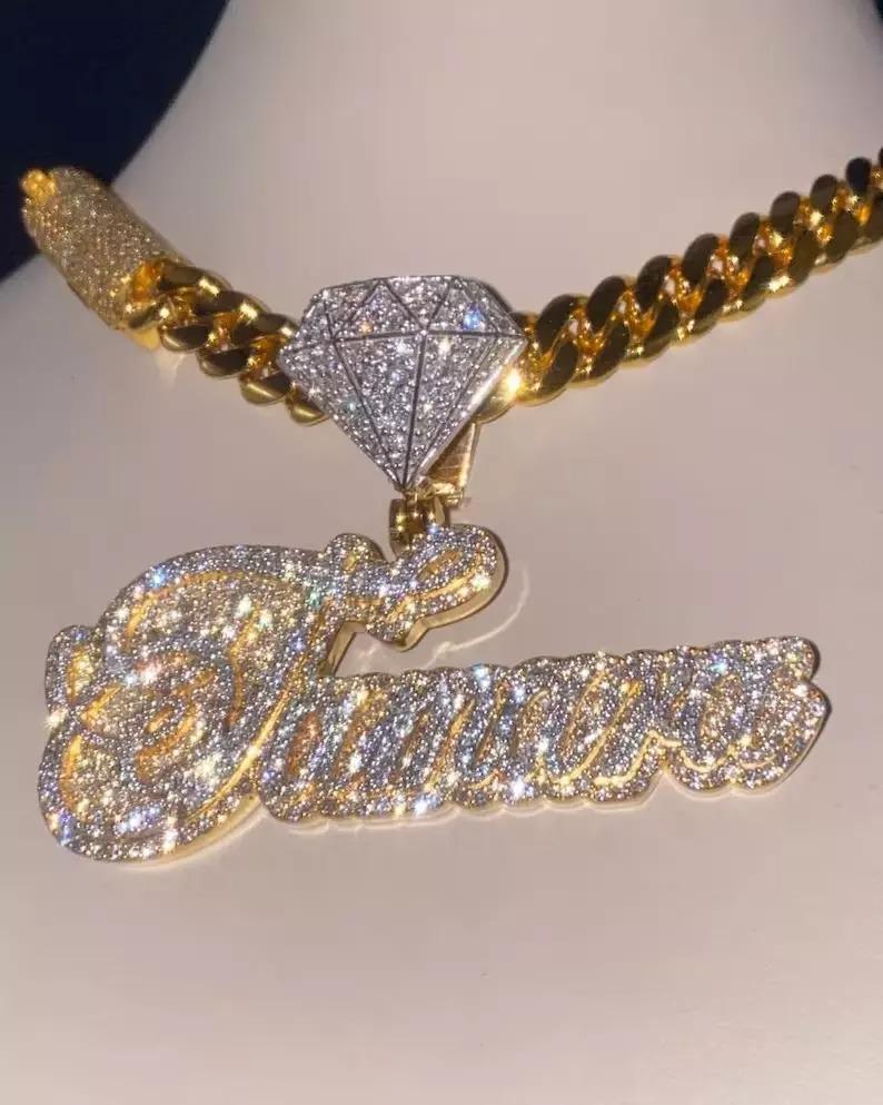 3.50 Ct Round Cut Real Moissanite Customize Name Pendant 14K Yellow Gold Plated Birthday gifts No Chain