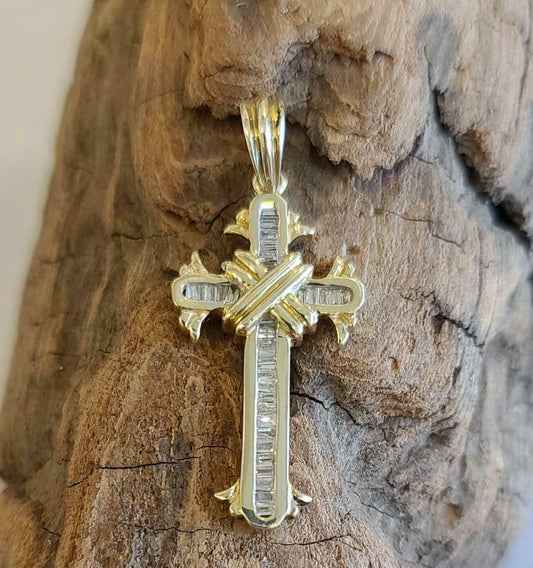 Cross Pendant, 0.63 Ct Real Moissanite, 14K Yellow Gold Plated Sterling Silver Necklace, Faith Jewelry, Perfect Gift for Her/Him