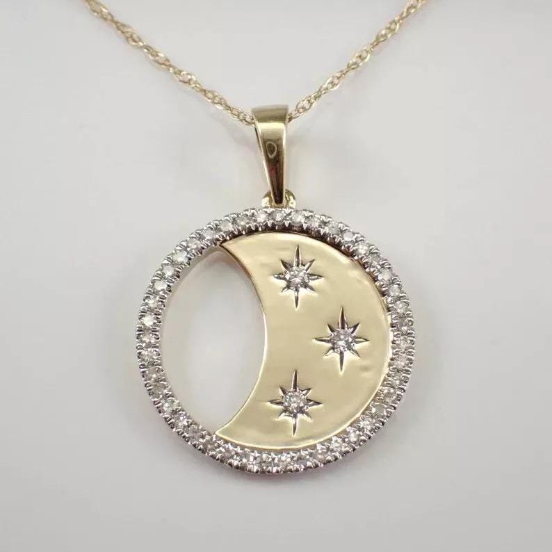 1.0 CT Round Real Moissanite Celestial Stars Pendant 14k Yellow Gold Plated Ideal Birthday Gift No Chain