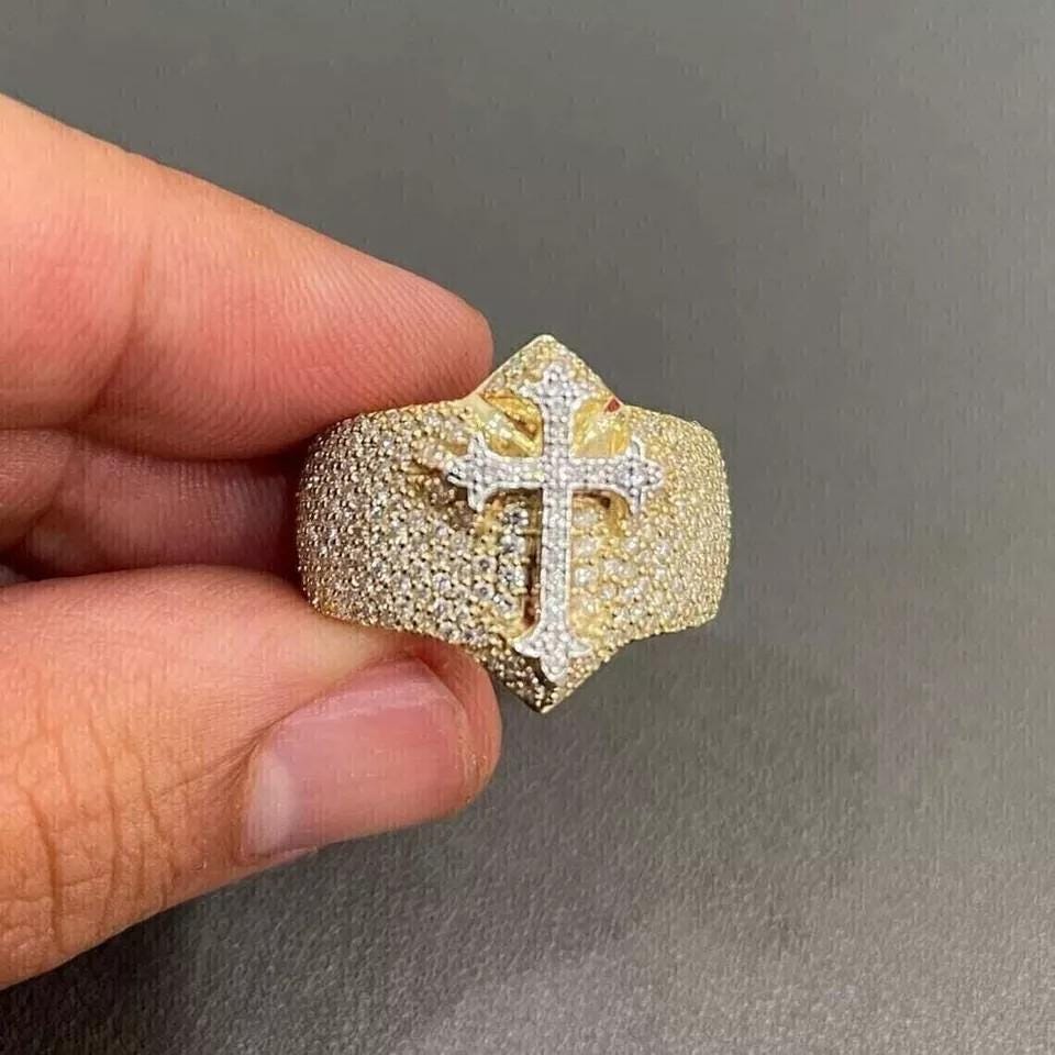 4Yellow Gold Finish Lab-Created Moissanite 3CtRound Men's Cross Engagement Ring