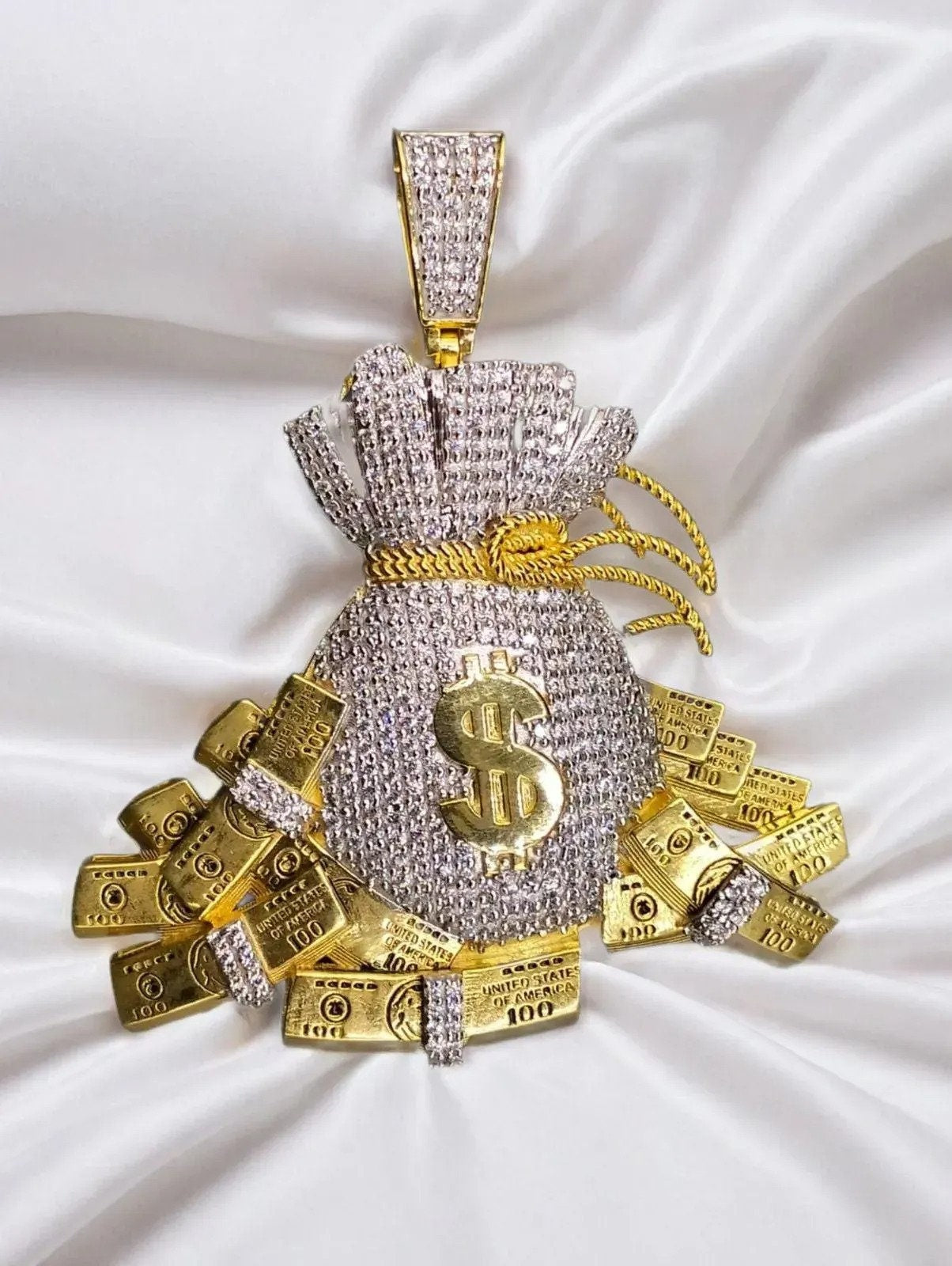 14k Yellow Gold Plated Dollar Bag Pendant Charm - Sterling Silver with Moissanite, Personalized Gift for Anniversary, Birthday, Christmas