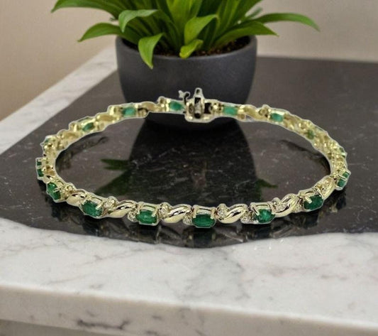 14K Yellow Gold 8CT Oval Cut Lab-Created Green Emerald Tennis Bracelet | Fine Jewelry Gift