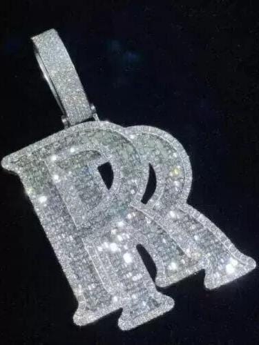 2.60 Ct Round Cut Real Moissanite Letter _RR_ Pendant 14K White Gold Plated Ideal Birthday Gift No Chain