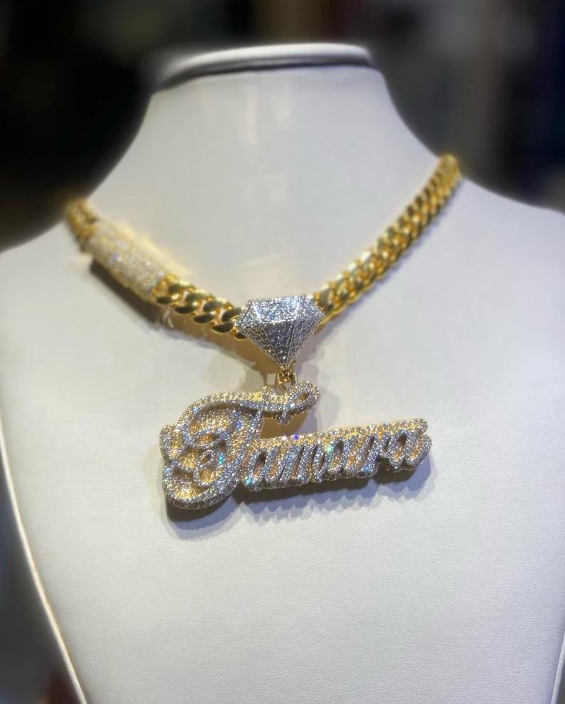 3.50 Ct Round Cut Real Moissanite Customize Name Pendant 14K Yellow Gold Plated Birthday gifts No Chain