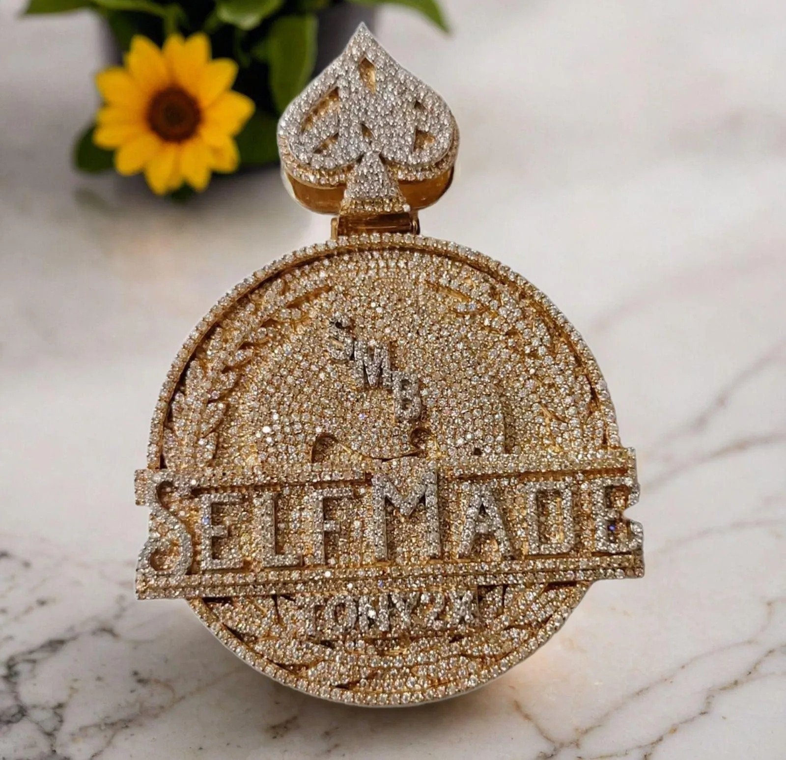 Hip Hop Style 3.13 inch "Selfmade" Letter Pendant | Real Moissanite Iced Out | 14K Yellow Gold Plated
