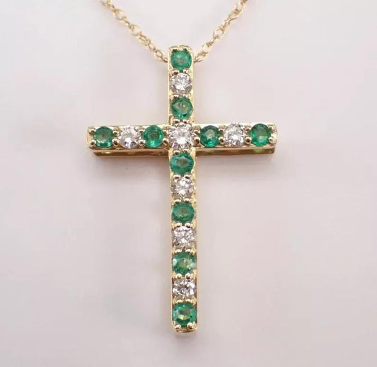 2.0 Ct Round Cut Lab-Created Green Emerald Cross Pendant 14K Yellow Gold Plated Hip Hop Jewelry | Ideal Birthday Gift