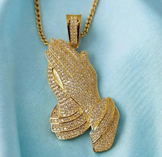 14k Yellow Gold Plated Praying Hand Pendant Charm - Sterling Silver with Moissanite, Personalized Gift for Anniversary, Birthday,