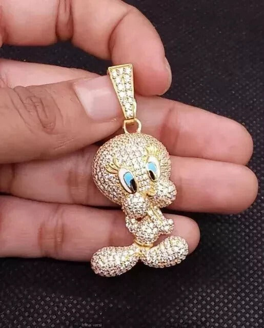 1.90Ct Round Cut Real Moissanite Cartoon Charm Pendant 14K Yellow Gold Plated For Man Gift